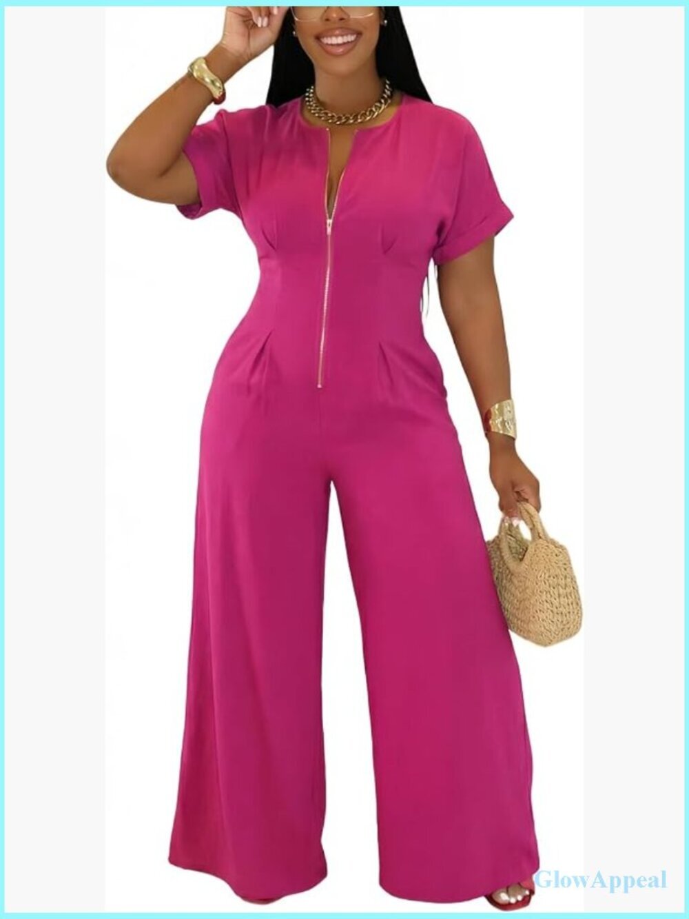 Womens Sexy Zip Up Wide Leg Jumpsuit Short Sleeve Casual Romper One Piece Outfit